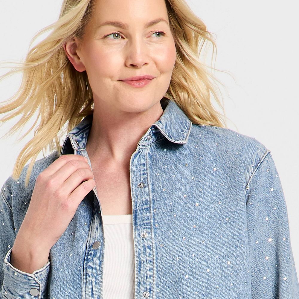 New - Women's Button-Down Rhinestone Denim Shirt - Universal Thread™ Light Wash L