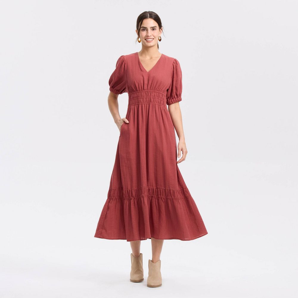 New - Women's Balloon Short Sleeve Maxi A-Line Dress - Universal Thread™ Red XS