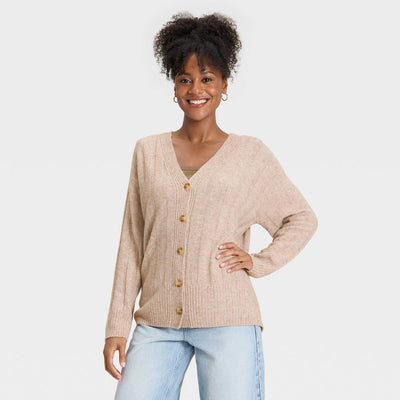 New - Women's Knit Ribbed Cardigan - Universal Thread™ Tan M