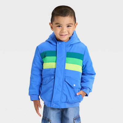 New - Baby Boys' Colorblock Striped Heavyweight Puffer Jacket - Cat & Jack™ Blue 18M