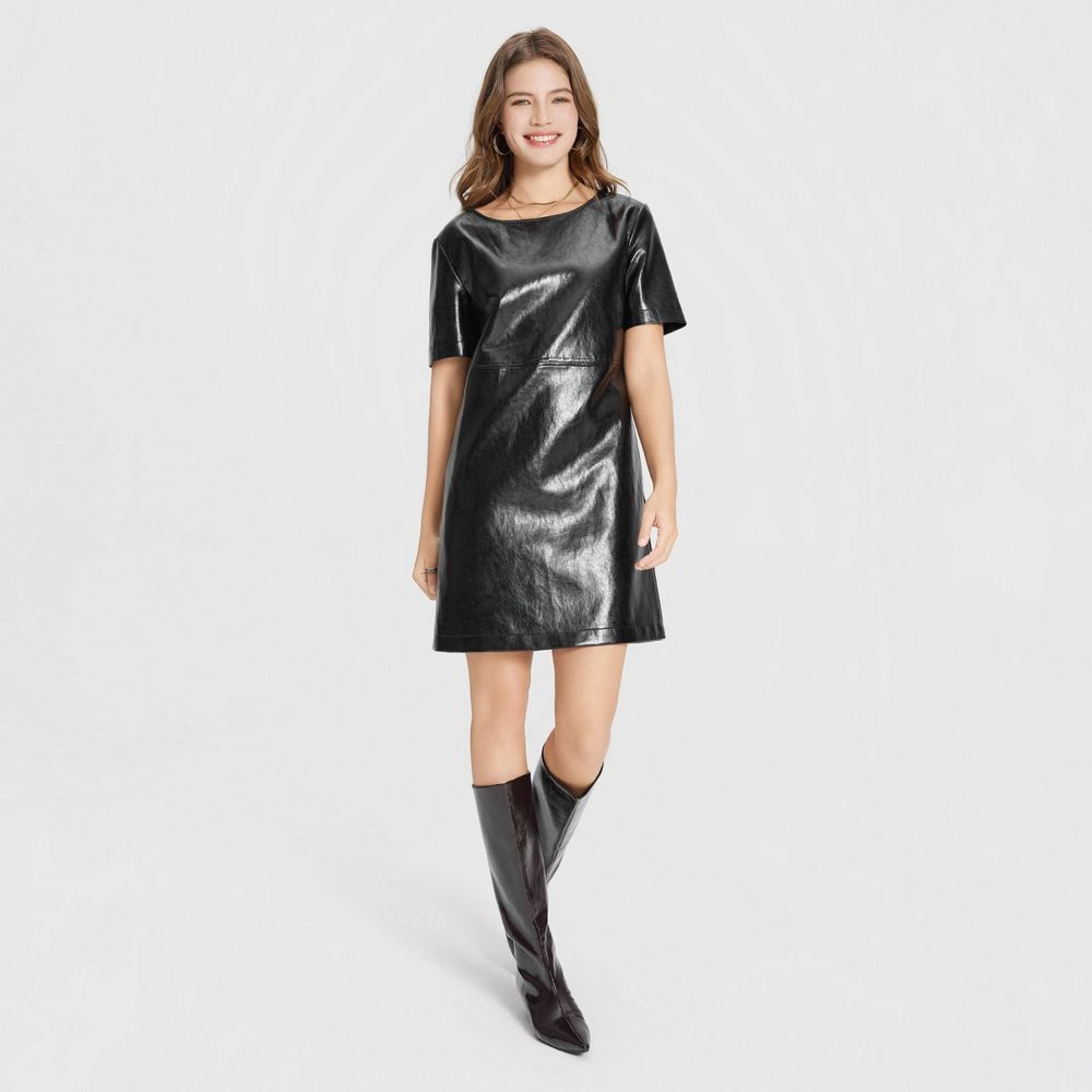 New - Women's Short Sleeve Faux Leather Mini Shift Dress - A New Day™ Black M
