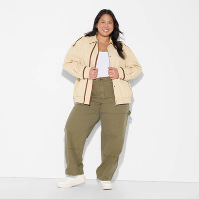 New - Women's Canvas Faux Leather Trim Bomber Jacket - Wild Fable™ Beige 3X