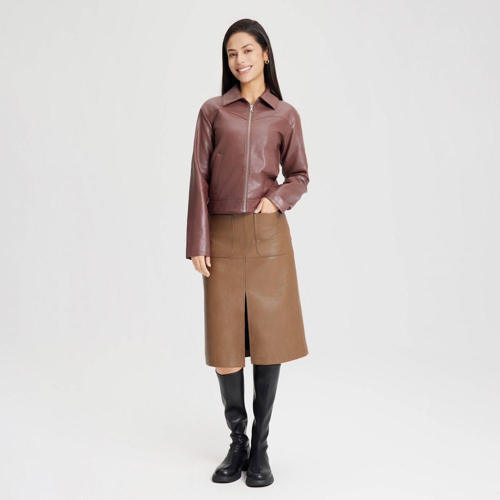 New - Women's Faux Leather Midi A-Line Skirt - Universal Thread™ Brown 14