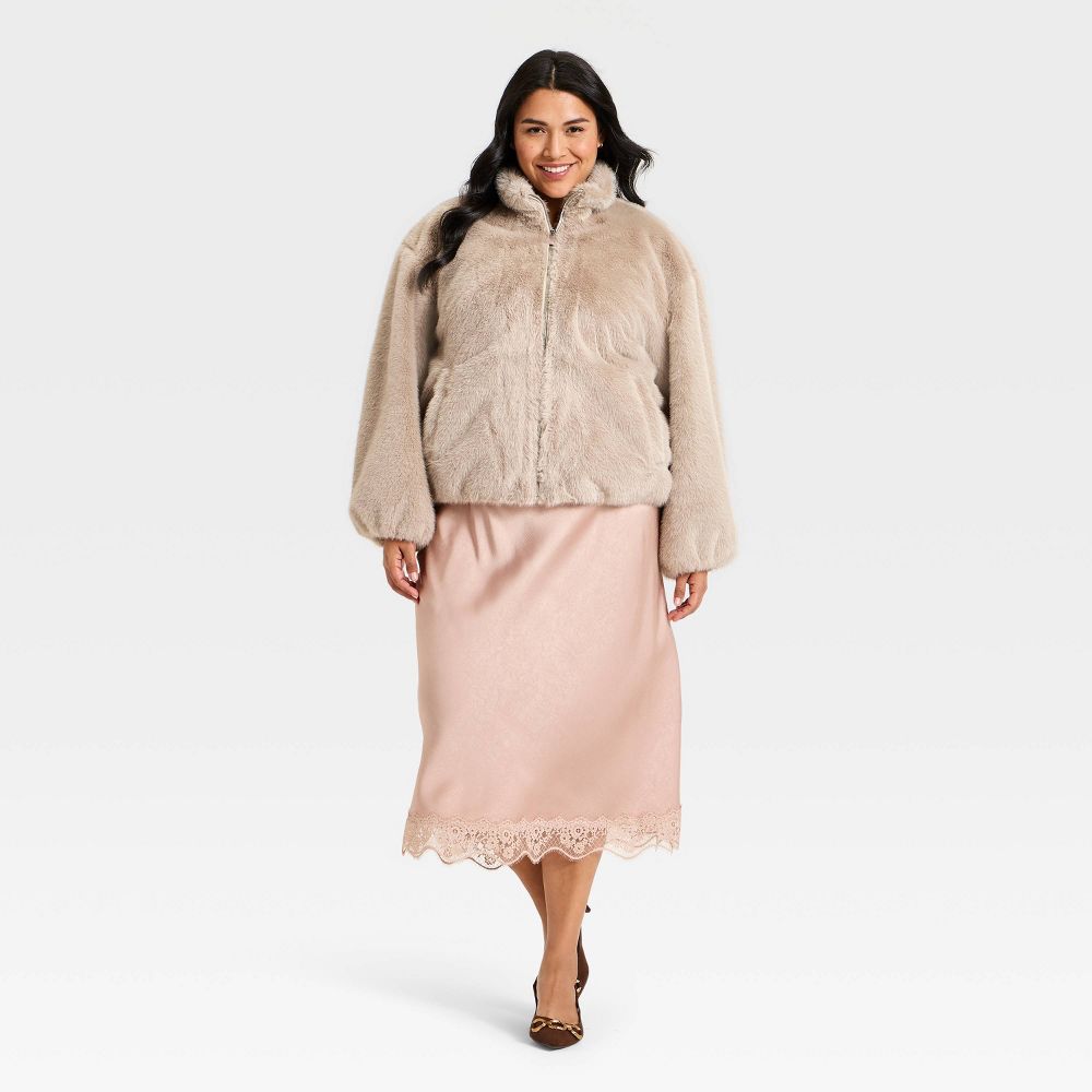 New - Women's Faux Fur Zip-Up Jacket - A New Day™ Light Gray Wash XXL