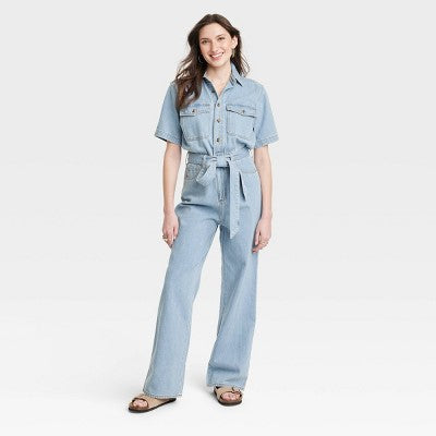New - Universal Thread Women's Short Sleeve Denim Jumpsuit Straight, Light Wash Blue Universal ThreadBullseye Deals
