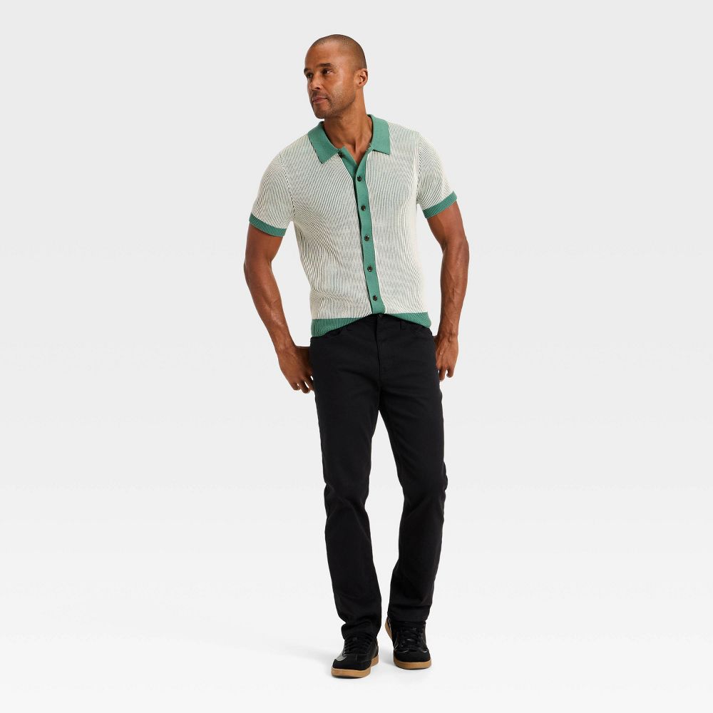 New - Men's Short Sleeve Full Button Sweater - Goodfellow & Co™ Cream/Green S
