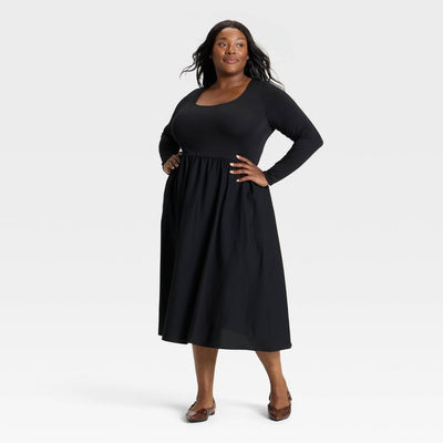 New - Women's Long Sleeve Knit Midi A-Line Dress - Ava & Viv™ Black 3X