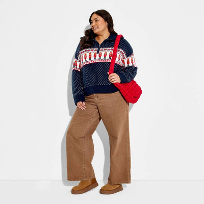 New - Women's Polo Collar Quarter Zip Novelty Pullover Sweater - Wild Fable™ Navy Blue Boy XXL