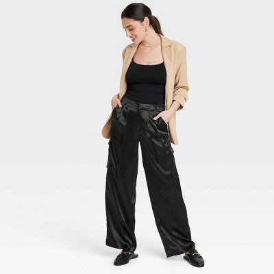 New - A New Day Women's Straight Relaxed High Rise Satin Cargo Pants Glossy A New DayBullseye Deals