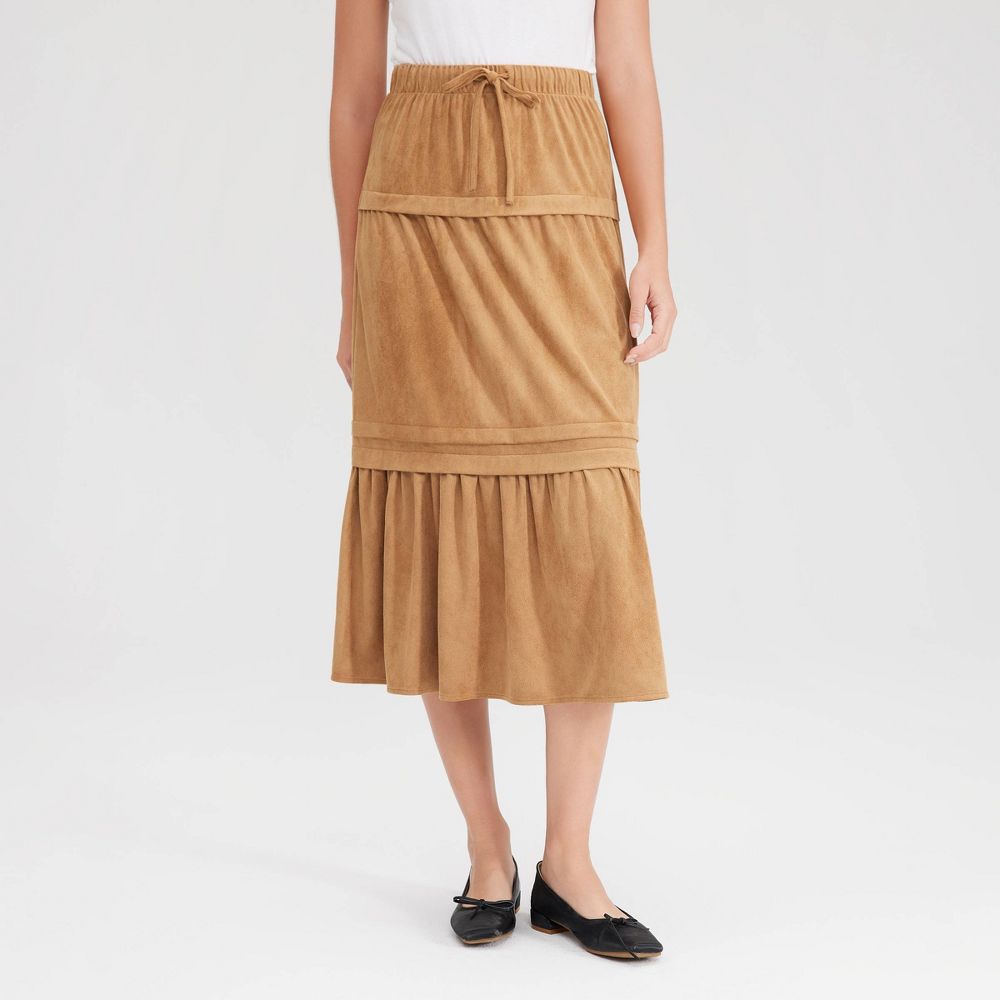 New - Women's Faux Suede Tiered Midi A-Line Skirt - Universal Thread™ Camel XXL