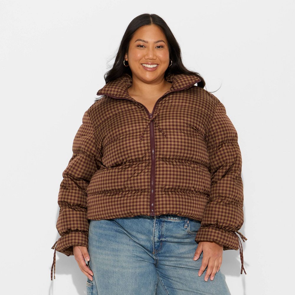 Open Box - Women's Bow Puffer Jacket - Wild Fable™ Brown Gingham Check XXL