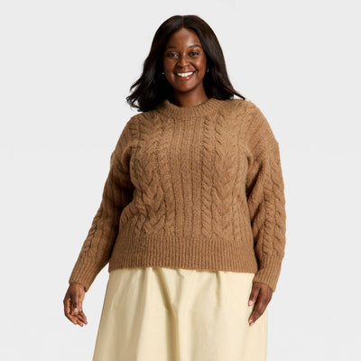 New - Women's Cabled Sweater - A New Day™ Heather Brown XXL