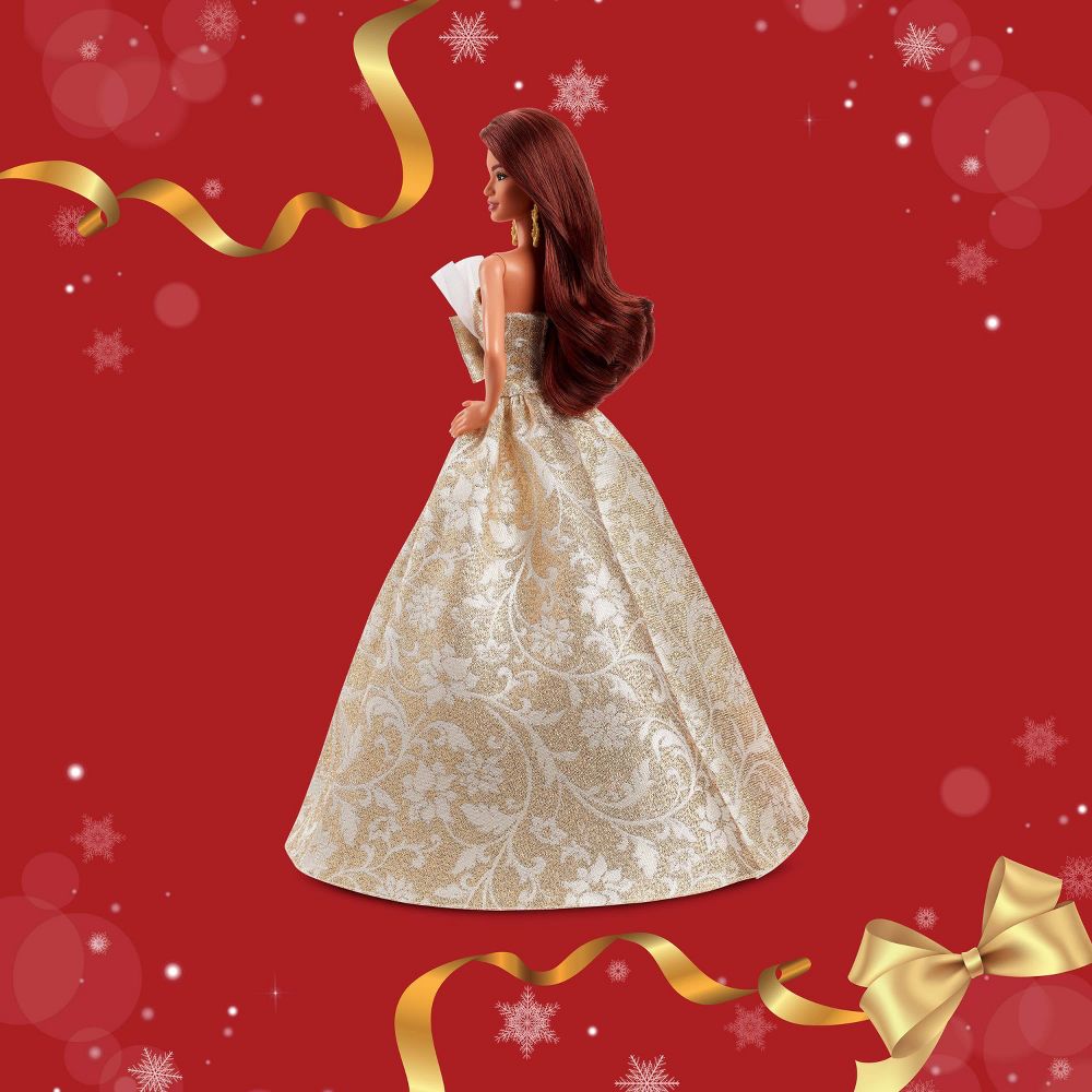 Open Box - Barbie Signature 2025 Holiday Barbie Fashion Doll, Seasonal Collector, Dark Brown Hair with Silver & Gold Gown