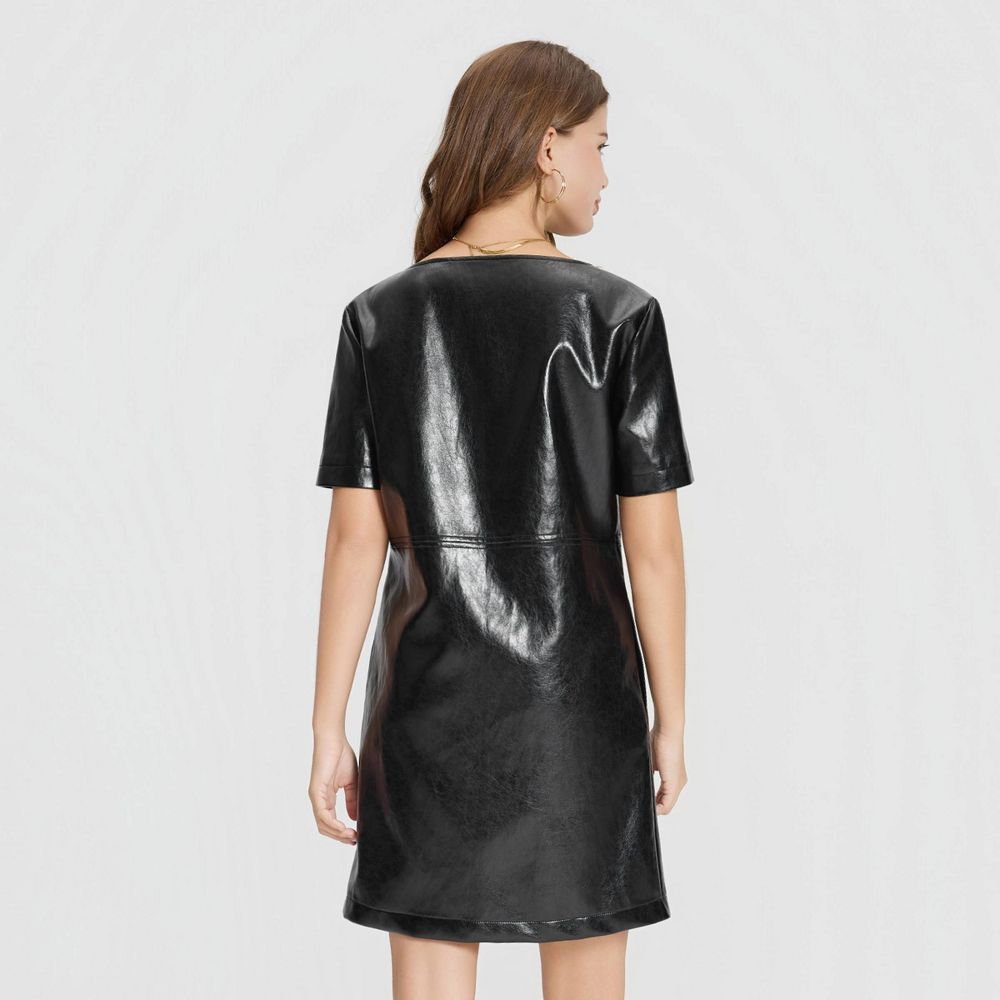 New - Women's Short Sleeve Faux Leather Mini Shift Dress - A New Day™ Black M