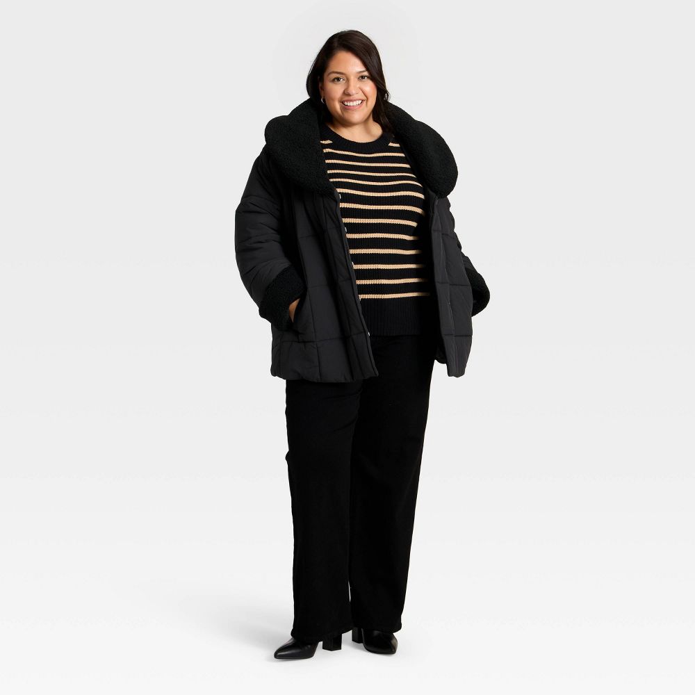 Open Box - Women's Belted Faux Shearling Puffer Jacket - Ava & Viv™ Black 1X