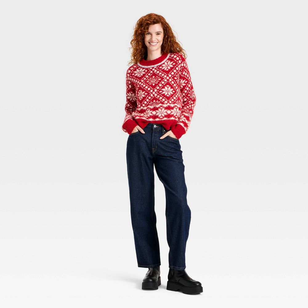 New - Women's Cozy Alpine Snowflake Crewneck Pullover Sweater - Universal Thread™ Red XS