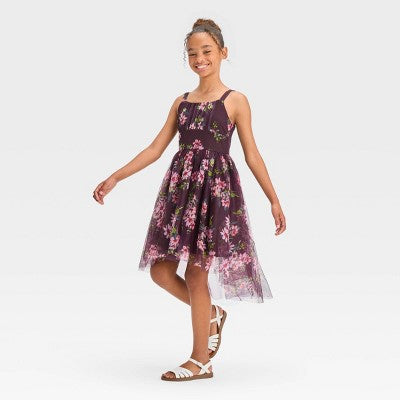 New - ZENZI Girls' High-Low Mesh Midi Dress Sleeveless Shirred Bodice ZENZIBullseye Deals