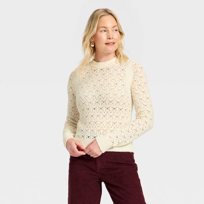 New - Women's Lace Crewneck Pullover Sweater - Universal Thread™ Cream M