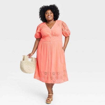 Knox Rose Women's Short Puff Sleeve Eyelet Midi Dress Smocked Waist Knox RoseBullseye Deals
