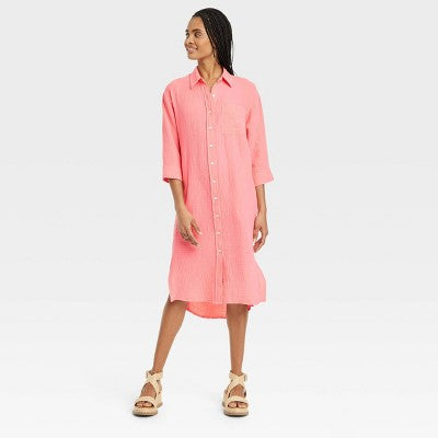 New - Universal Thread Women's 3/4 Sleeve Midi Button Down Shirt Dress Universal ThreadBullseye Deals