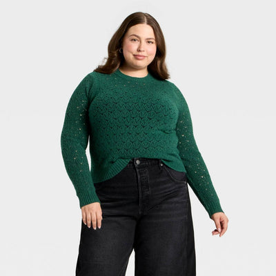 New - Women's Long Sleeve Lace Crewneck Pullover Sweater - Universal Thread™ Dark Green 1X