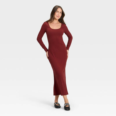 New - Women's Long Sleeve Rib-Knit Maxi Dress - A New Day™ Maroon M