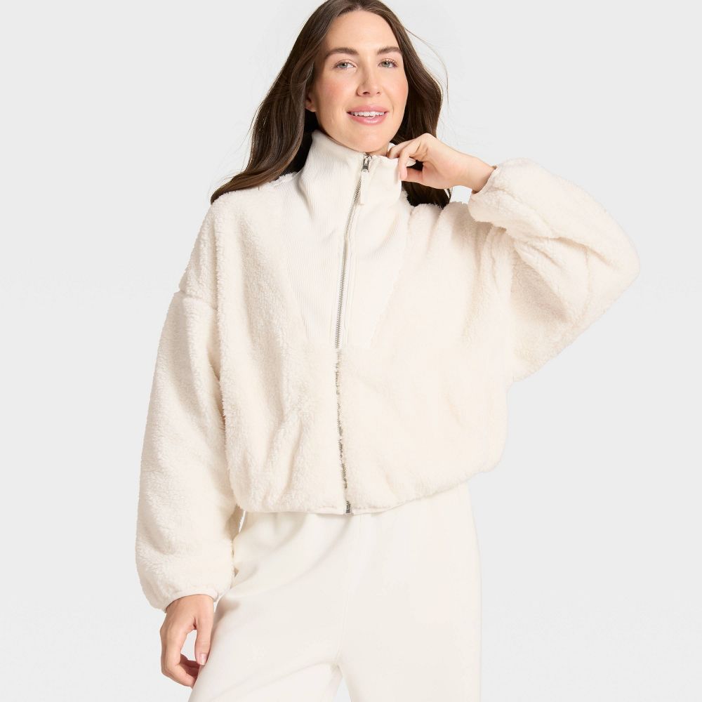 New - Women's High Pile & Ribbed Mix Jacket - All In Motion™ Cream M