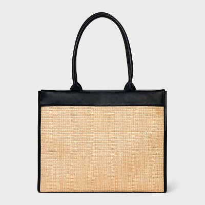 Open Box - Straw Large Boxy Tote Handbag - A New Day Natural/Black A New DayBullseye Deals