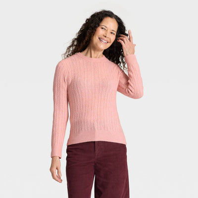 New - Women's Long Sleeve Lace Stitch Crewneck Pullover Sweater - Universal Thread™ Pink XS