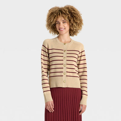 New - Women's Lady Jacket Cardigan - A New Day™ Taupe/Burgundy Striped XS