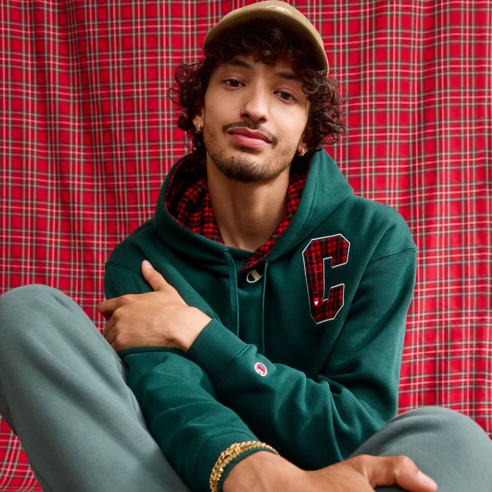 New - Champion Men's Plaid Hooded Sweatshirt - Green S