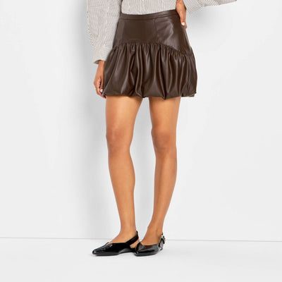 New - Women's Drop Waist Faux Leather Bubble Mini A-Line Skirt - Future Collective Brown XL