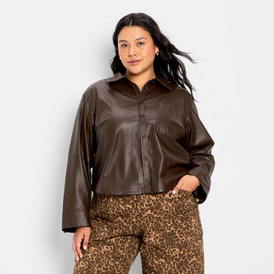 New - Women's Long Sleeve Leather Button-Down Shirt - Future Collective Brown XXL