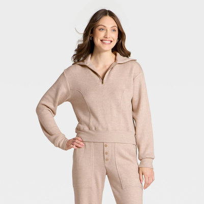 New - Women's Quarter Zip Pullover Sweatshirt - Universal Thread™ Heather Oatmeal XS