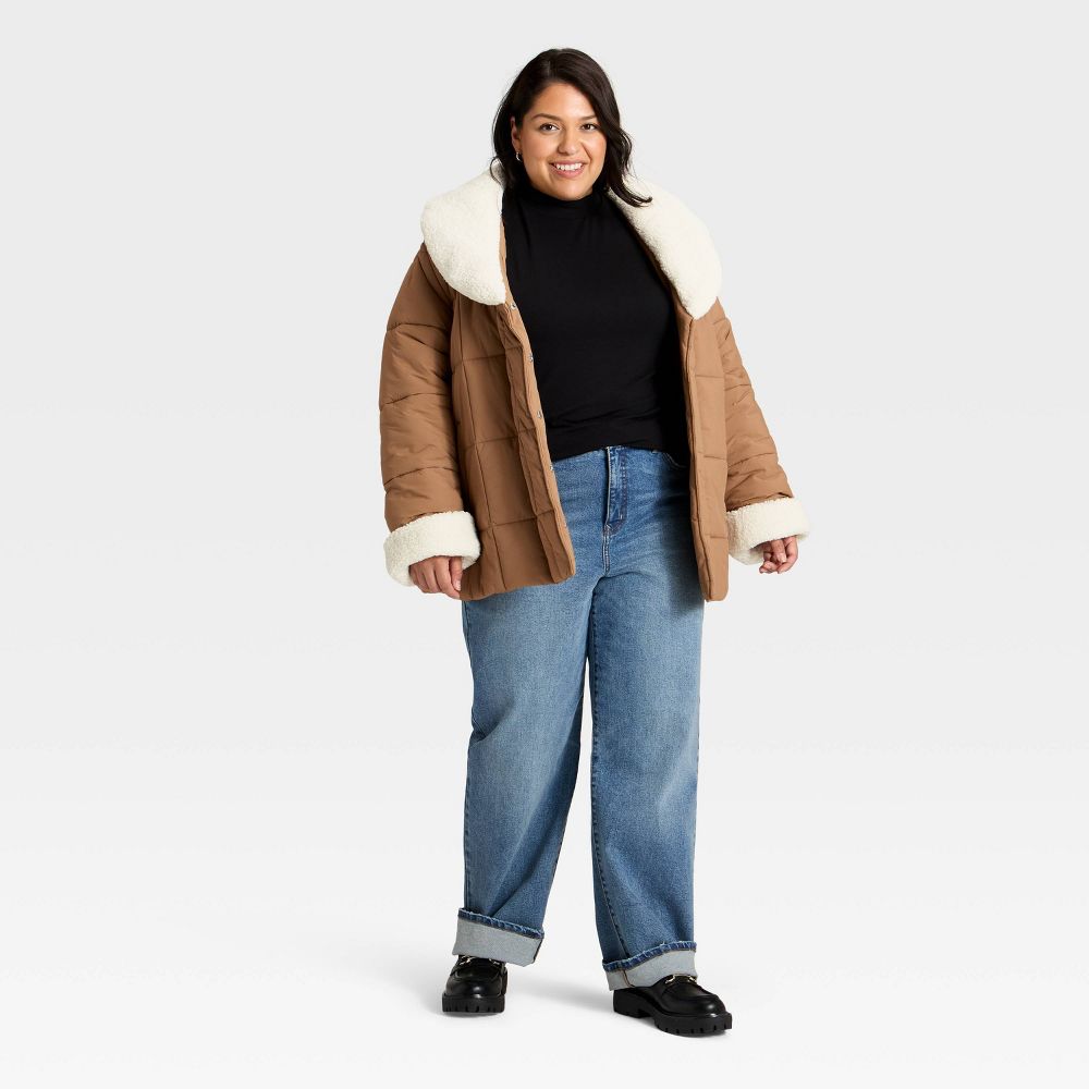 Open Box - Women's Belted Faux Shearling Puffer Jacket - Ava & Viv™ Tan 2X