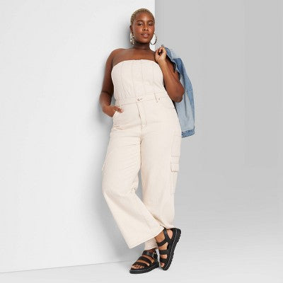 New - Wild Fable Women's Tube Cargo Denim Jumpsuit Bandeau Strapless Off-The-Shoulder Wild FableBullseye Deals