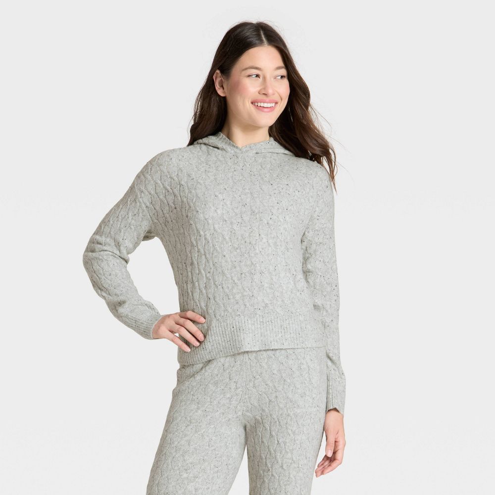 New - Women's Cashfeel Cable Knit Hooded Pullover Sweater - Auden™ Heather Gray L
