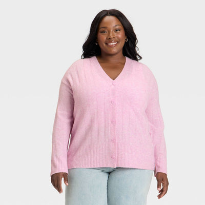 Open Box - Women's Knit Ribbed Cardigan Sweater - Universal Thread™ Pink XXL