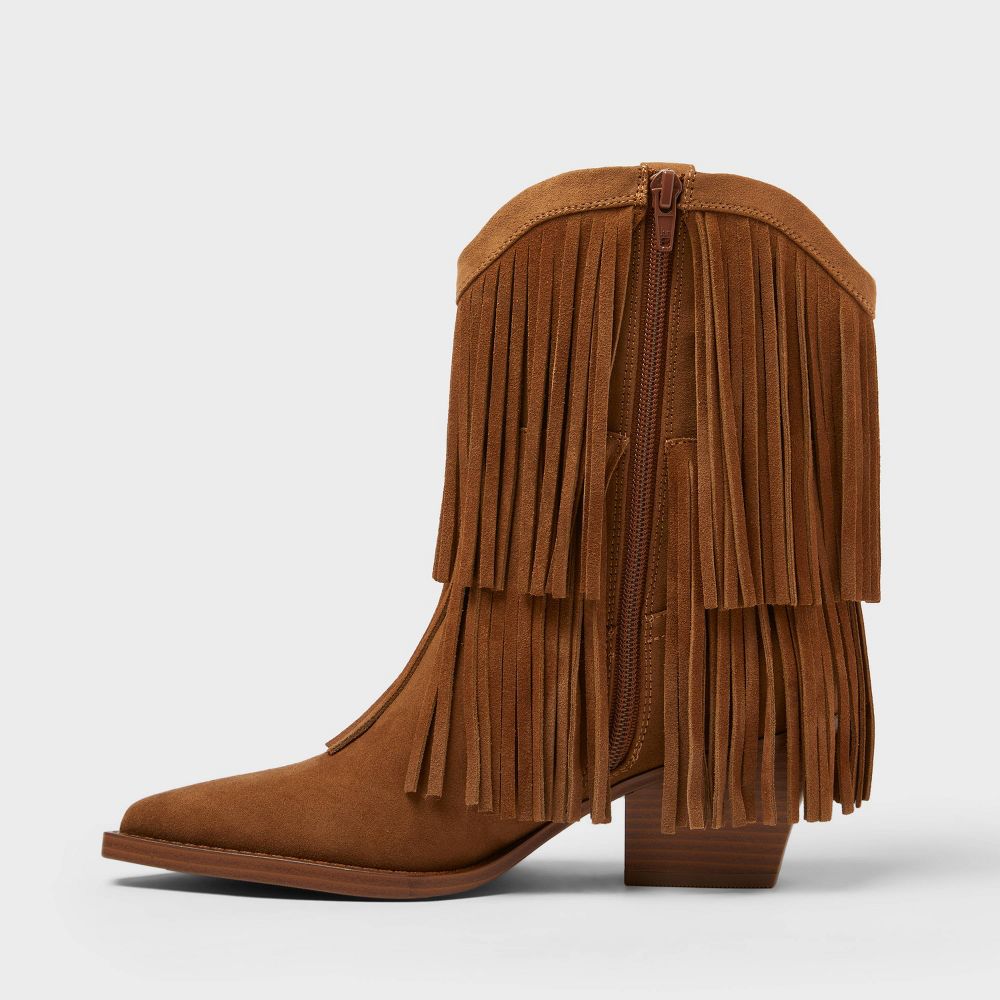 New - Women’s Austin Wide Width Fringe Western Ankle Boots with Memory Foam Insole – Universal Thread™ Tan 8WW