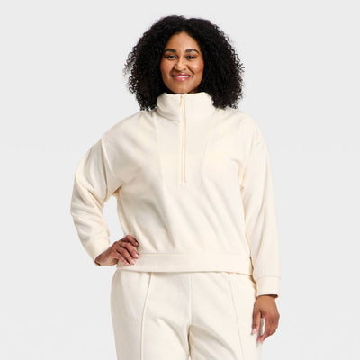 New - Women's Velour Ribbed 1/2 Zip Sweatshirt - All In Motion™ Cream M