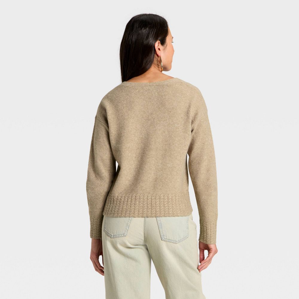 New - Women's Cable Trim V-Neck Pullover Sweater - Universal Thread™ Taupe L