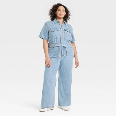 New - Universal Thread Women's Short Sleeve Denim Jumpsuit Straight, Light Wash Blue Universal ThreadBullseye Deals
