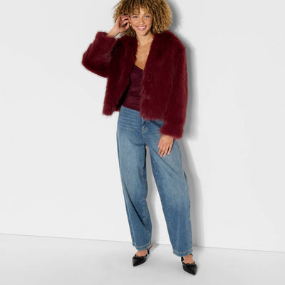 Open Box - Women's Short Faux Fur Jacket - Wild Fable™ Burgundy XS