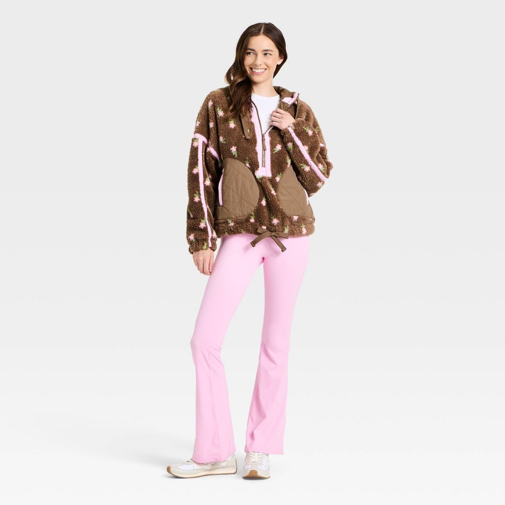 New - Women's Contrast High Pile 1/2 Zip Jacket - JoyLab™ Brown Floral XL