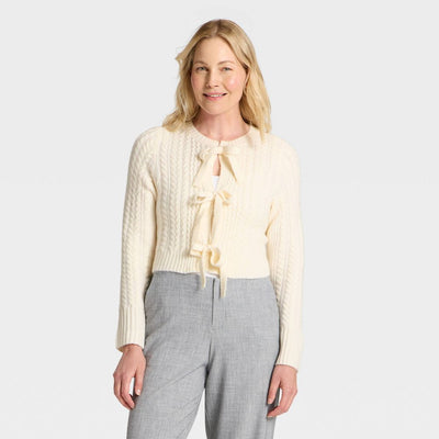 New - Women's Long Sleeve Bow Cardigan Sweater - A New Day™ Cream XL