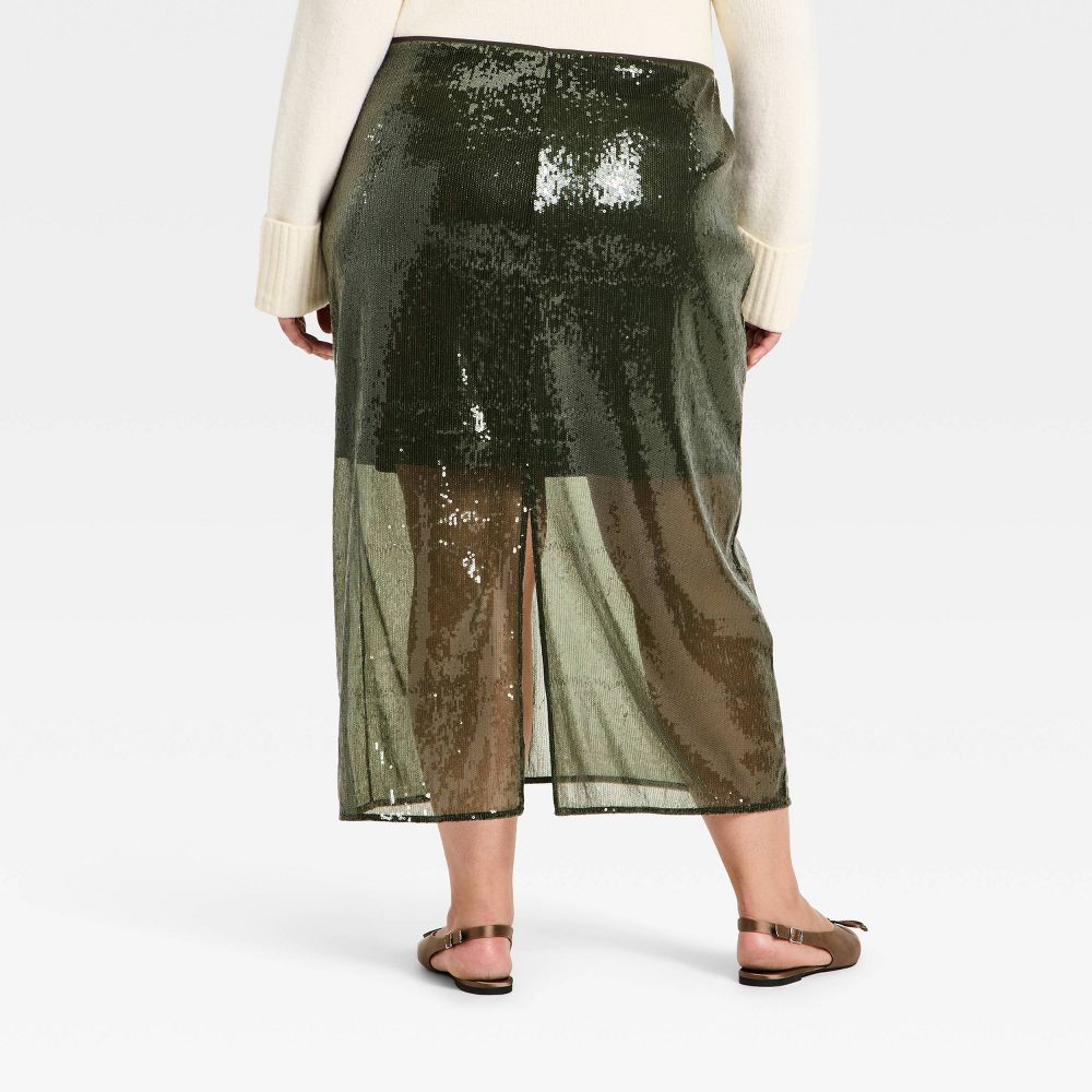 New - Women's Sequin Midi Skirt - A New Day™ Olive Green 3X