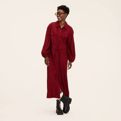 New - Women's Buffalo Check Long Sleeve Utility Midi Shirt Dress - Woolrich x Target Red/Black XS