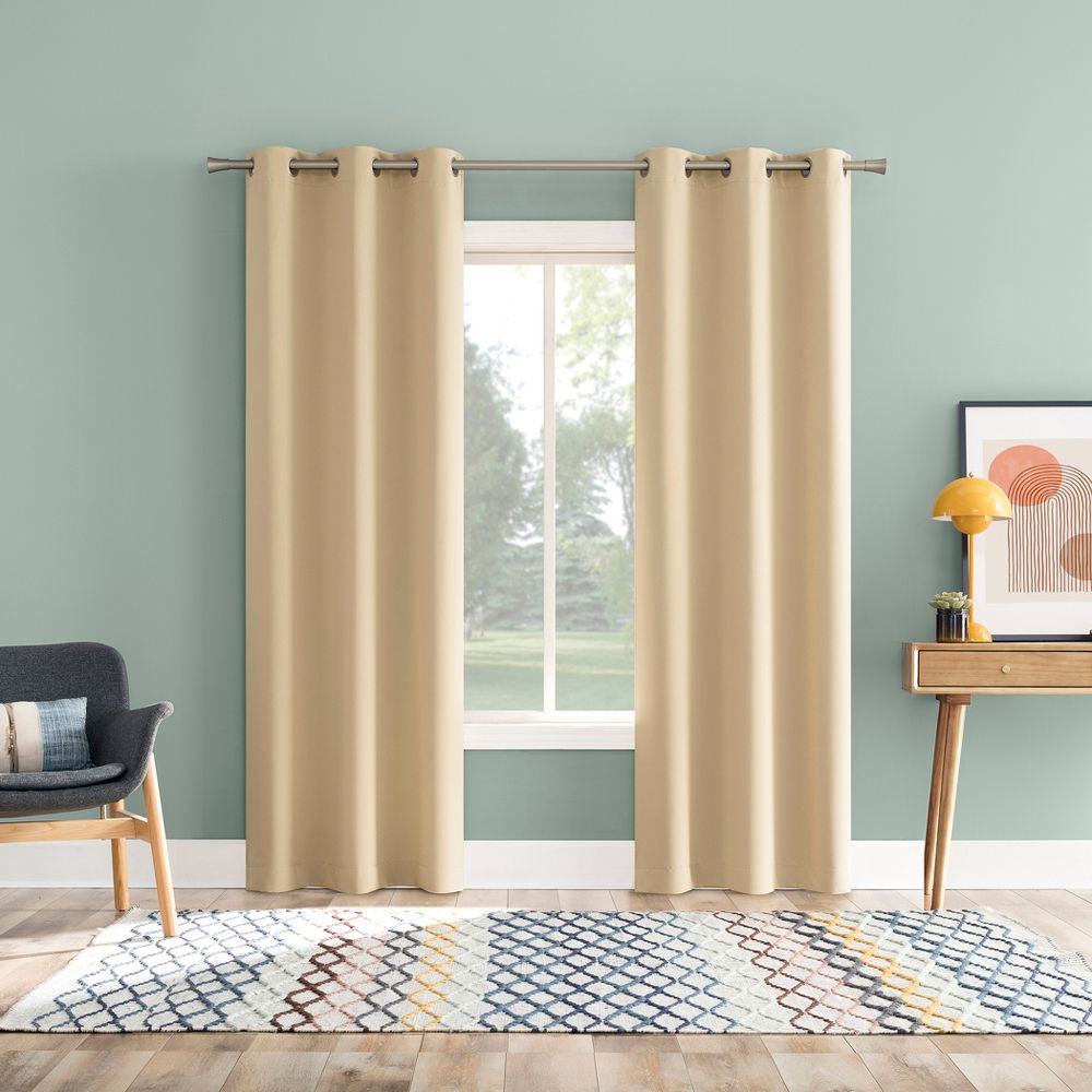 New - 2pc 37"x96" Sun Zero Tedrow 100% Blackout Grommet Curtain Panel Pair Taupe: Modern Energy Efficient, Noise Reduction