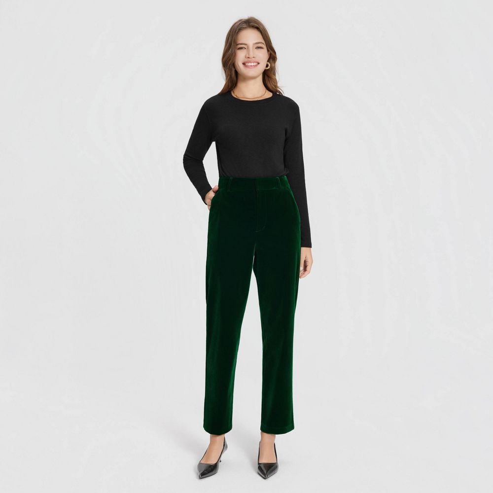 New - Women's Mid-Rise Velvet Tapered Trousers - A New Day™ Emerald Green 2