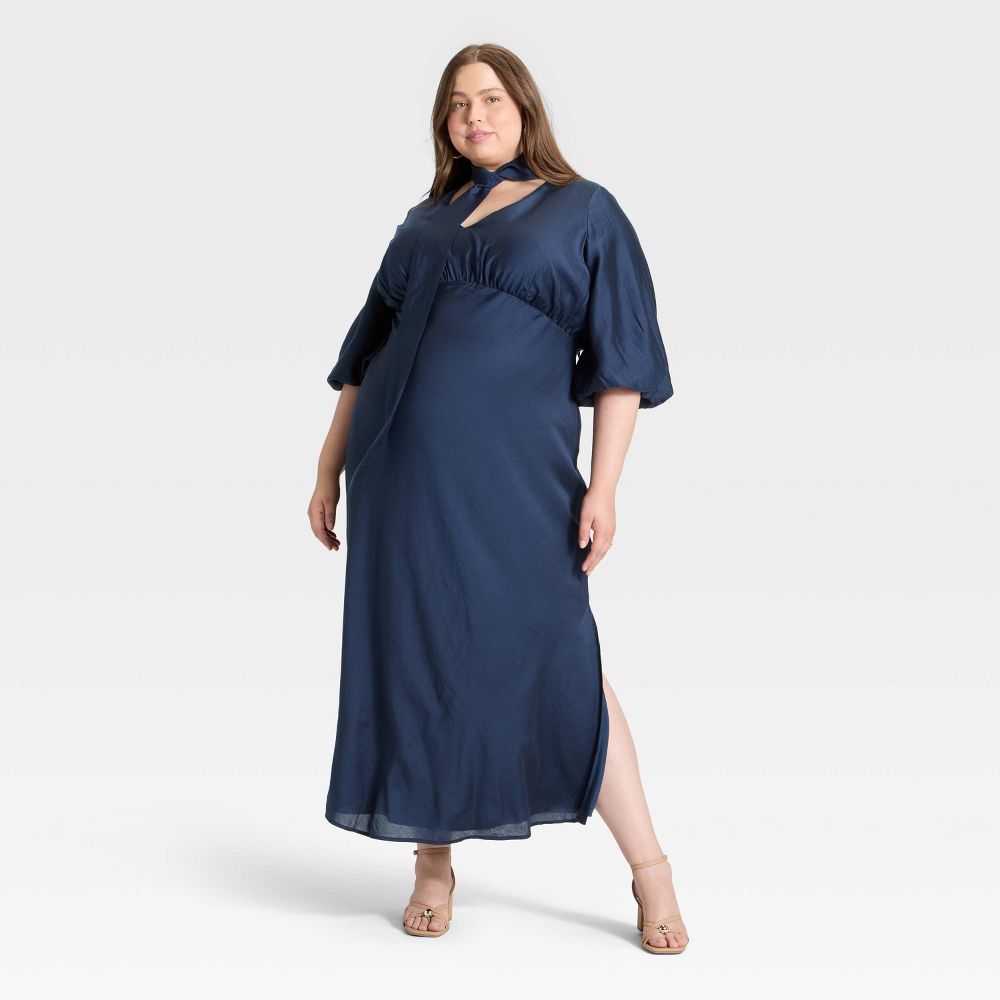 New - Women's Tie Neck Maxi Dress - A New Day™ Navy Blue 4X